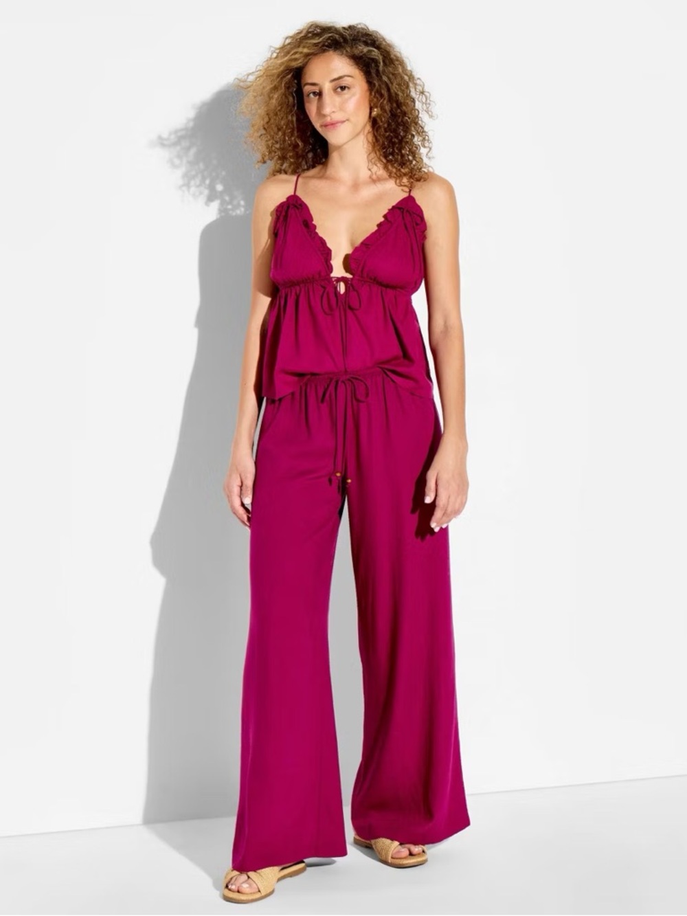 Women's Low-Rise Baggy Leg Linen Pull-On Pants - Wild Fable Berry Red m